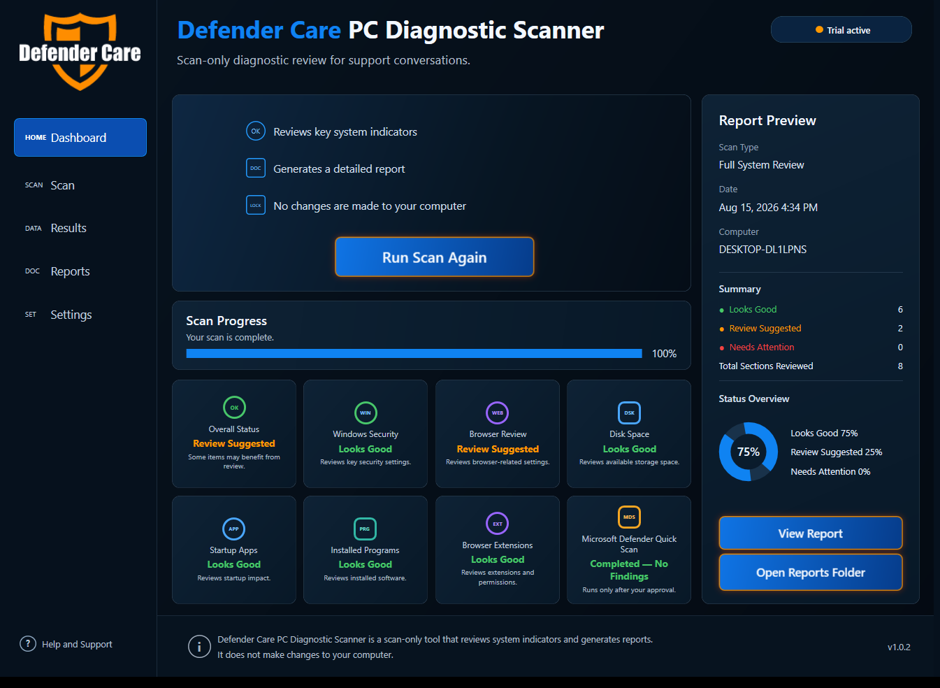 Defender Care PC Diagnostic Scanner dashboard