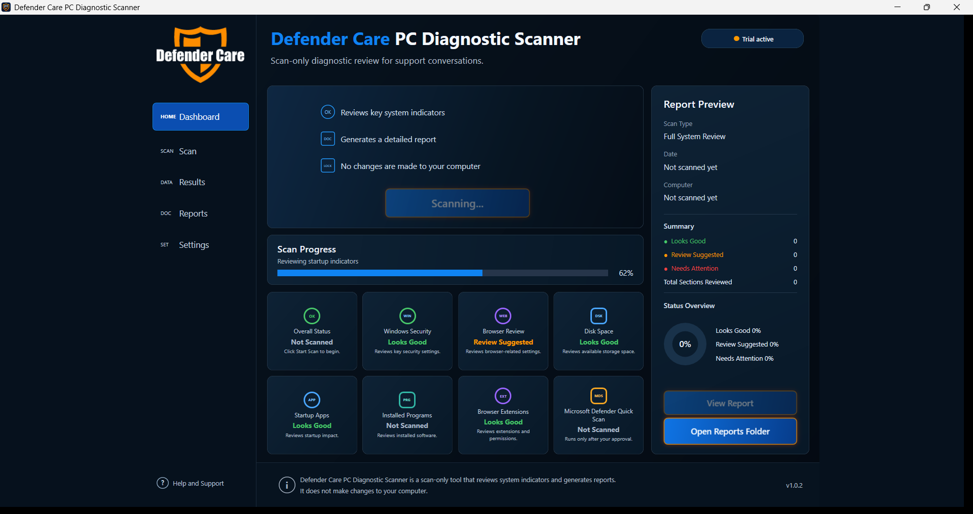 PC Diagnostic Scanner scan in progress