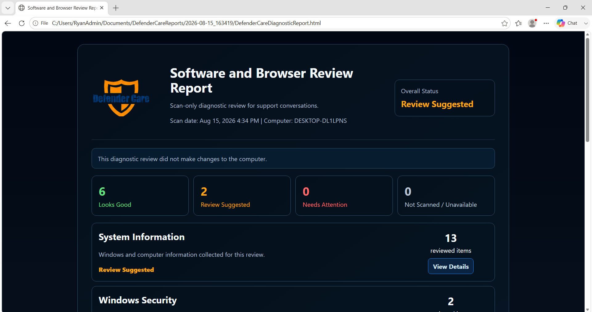 Detailed Defender Care diagnostic report in a web browser