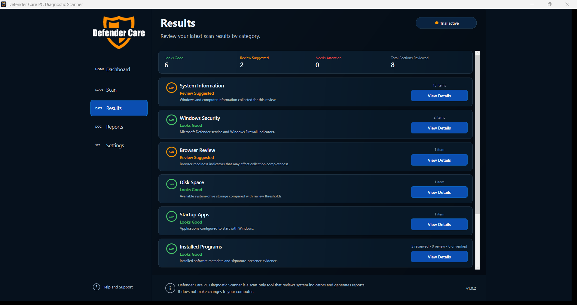 Defender Care PC Diagnostic Scanner results page
